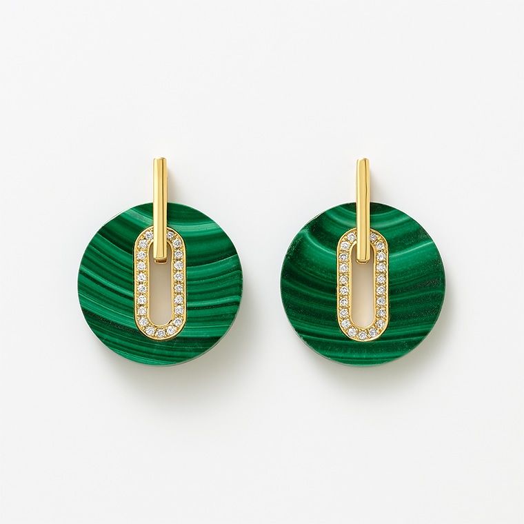 Luxury 18K Gold Malachite Drop Earrings with Lab-Grown Diamonds