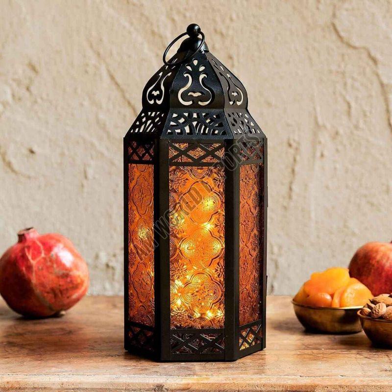 Ornate Iron Lantern with Amber Glass