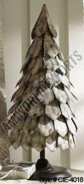 Rustic Metal Christmas Tree Sculpture with Stacked Leaf Design and Finial Top
