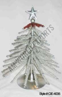 Silver Metal Spiky Christmas Tree Sculpture with Red Beads and Silver Star Topper
