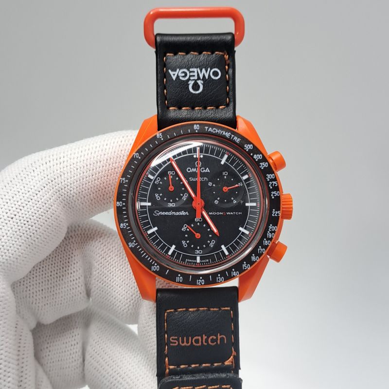 Omega Swatch Mission Earth Black Orange Chronograph Swiss Watch