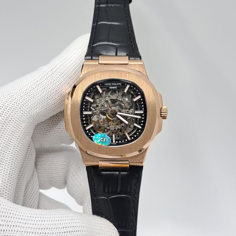 Patek Philippe Nautilus Rose Gold Black Dial Black Leather Strap Swiss Automatic Watch