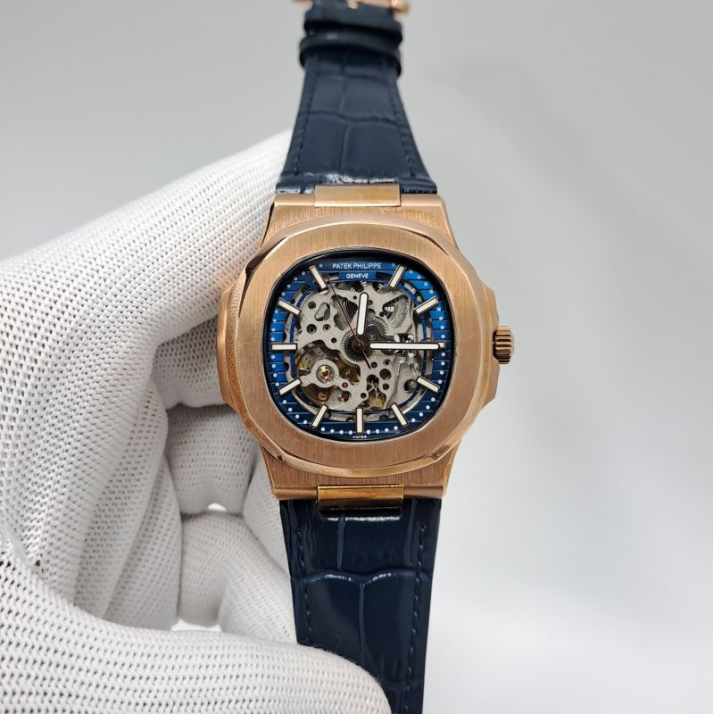 Patek Philippe Rose Gold Blue Dial Leather Strap Swiss Automatic Watch