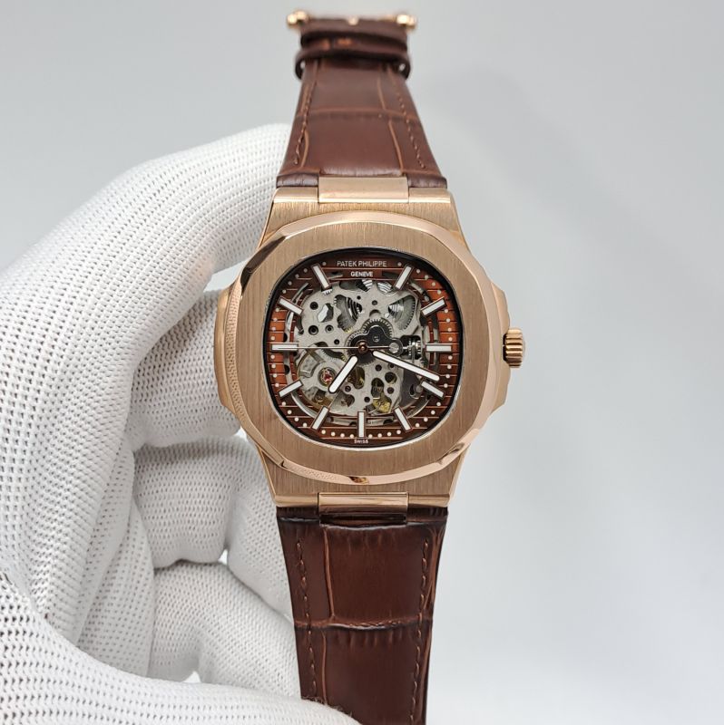 Patek Philippe Nautilus Rose Gold Brown Dial Brown Leather Strap Swiss Automatic Watch