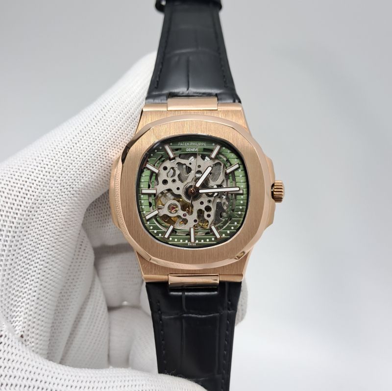 Patek Philippe Nautilus Black Leather Strap Swiss Automatic Watch