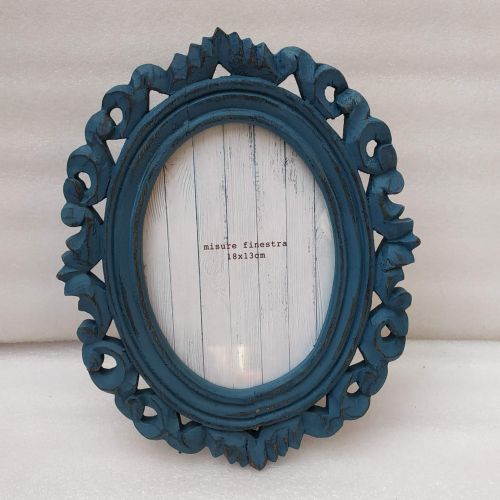 Oval Wooden Carved Distressed Blue Photo Frame
