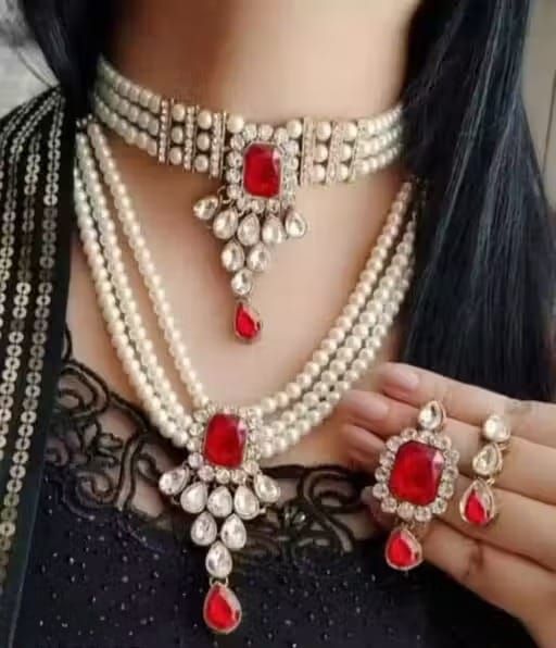 Stunning Red Kundan & Pearl Layered Choker Set