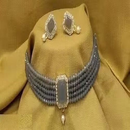 Stylish Grey Crystal & Pearl Choker Set