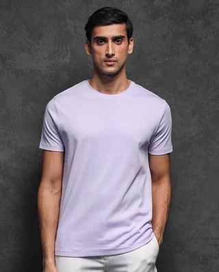Purple Men Round Neck Cotton T Shirt