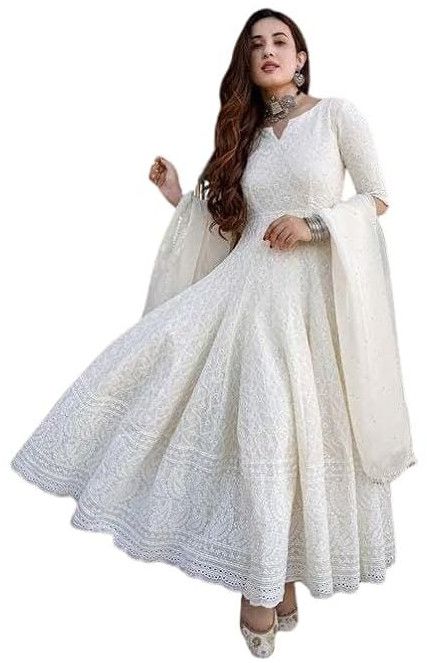 Women\'s Cotton Chikankari Long Anarkali Kurti with Dupatta