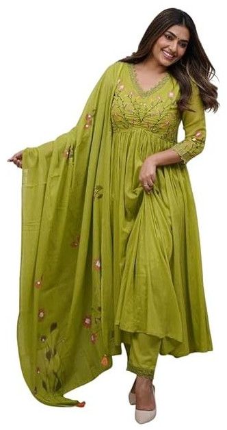 Women\'s Cotton Lemon Embroidered Long Anarkali Kurti with Pant and Dupatta Set