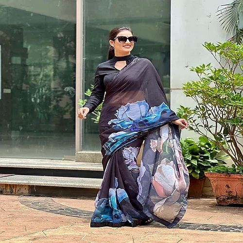 Black Floral Organza Digital Print Saree