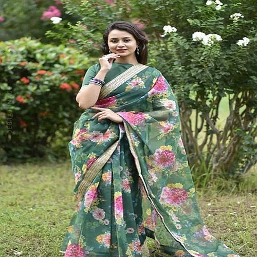 Digital Printed Green Organza Saree