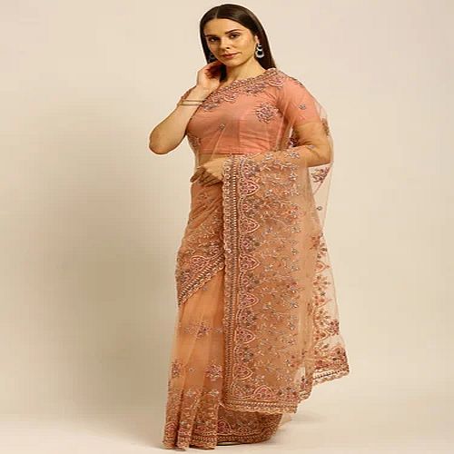 Unstitched Festive Wear Peach Embroidered Net Saree