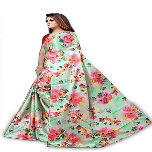 Green Digital Flower Printed Satin Saree