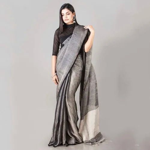 Grey Plain Tissue Linen Saree