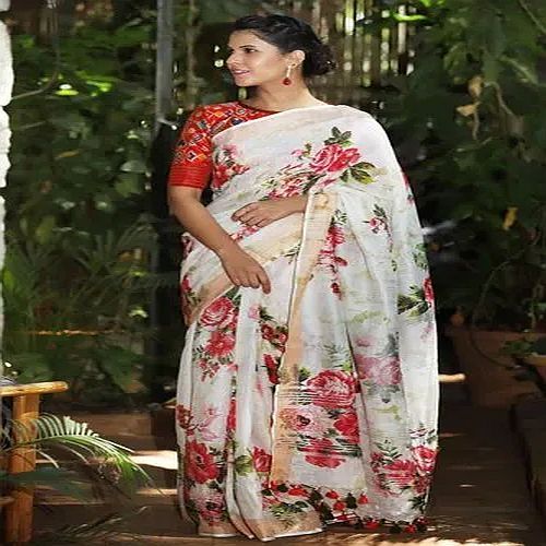 Unstitched Linen Floral Print Saree, Color : Multicolor