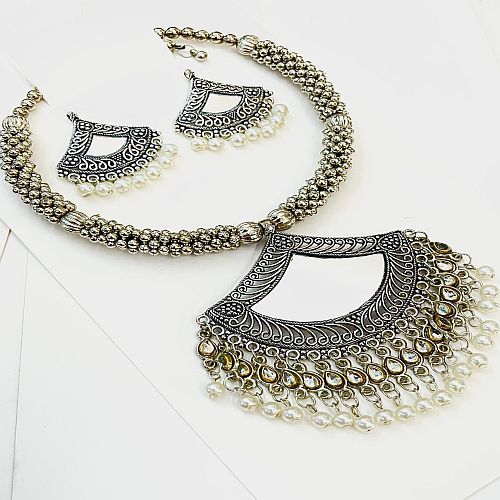 Polished Party Wear Silver Oxidized Necklace Set