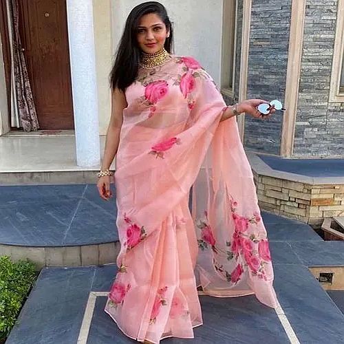 Pink Organza Floral Printed Saree