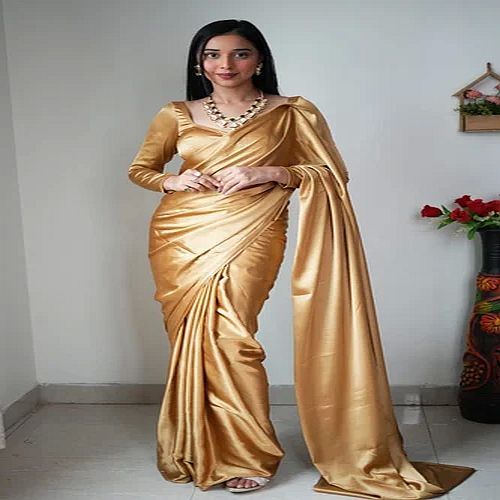 Plain Golden Satin Silk Saree