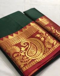 Designer Zari Border Silk Saree, Color : Green, Golden
