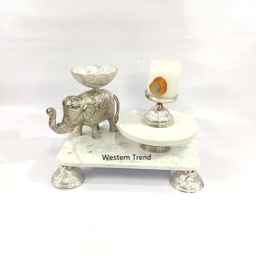 Marble Elephant Chowki Set, Color : Silver, Silver & White