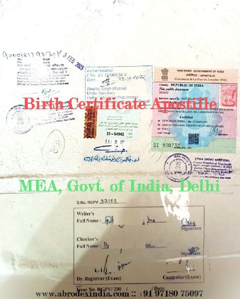 Birth Certificate Apostille Attestation from Mea, Govt. OF India, Delhi