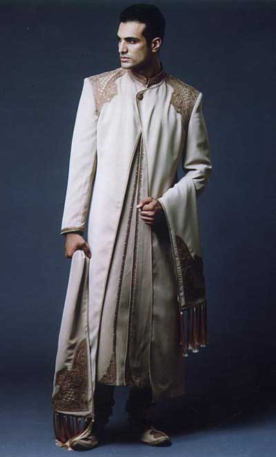 Long One Button Attached Cape Embroidered Sherwani LC - 1