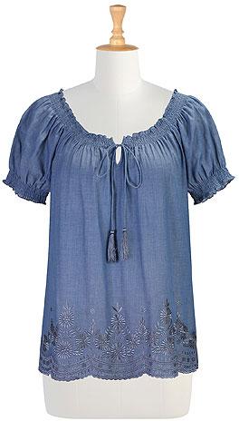 Denim Chambray Voile Peasant Blouse