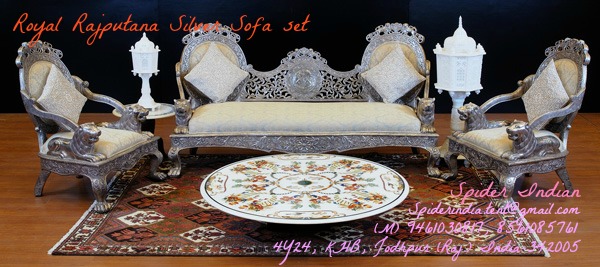 Teak wood carved pure Silver inlay Sofa Set and chaise
