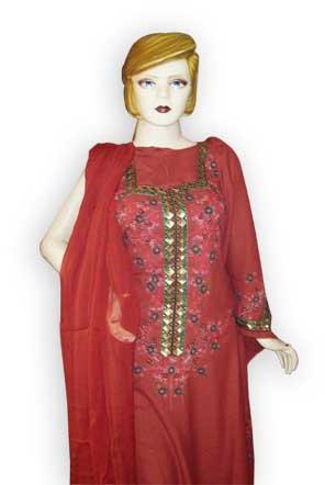 Machine Block Printed Suit With Chiffon Dupptta (Red)