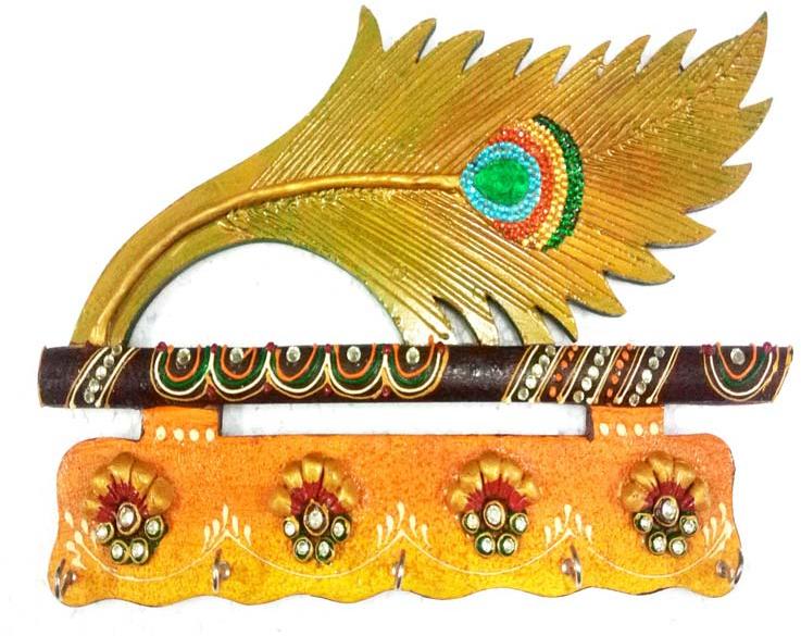 Wooden And Paper Mache Morepankhi Shape Key Holder With Kundan Work