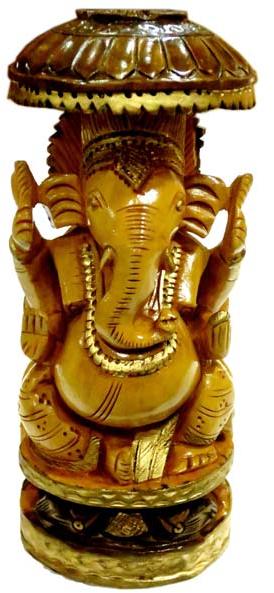 Wood Hand Carved Ganesh with a Chatri