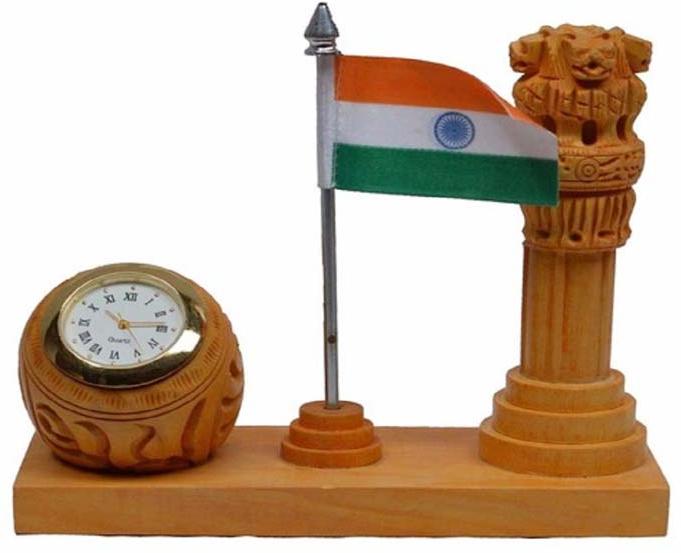 Wooden Table Clock with Ashoka Pillar and National Flag