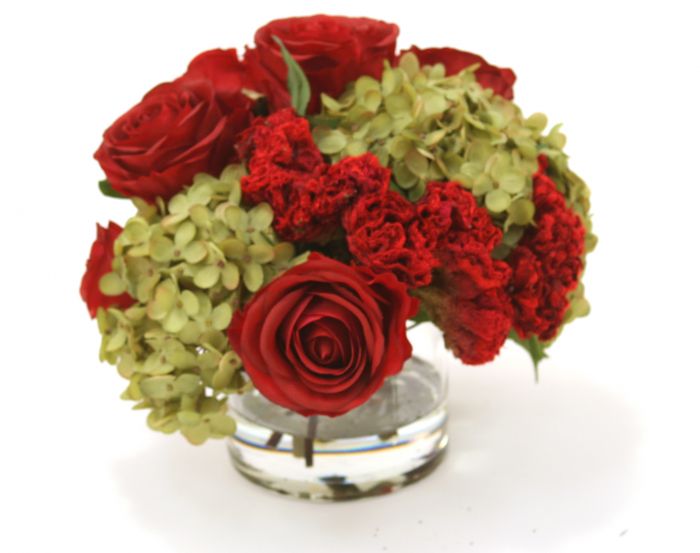 15611# - Waterlook Red Roses Celosia Breen Brown Hydrangeas bouquet
