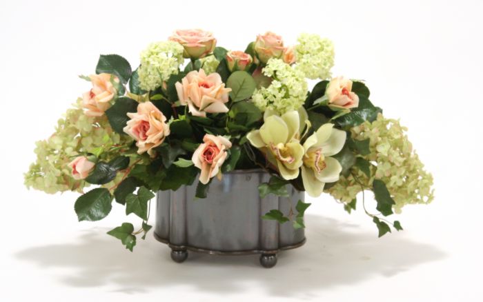 6039A Roses Orchids Hydrangeas Oval Bronze Footed Planter