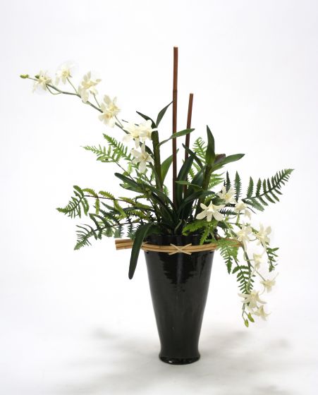 6902 Black White Orchid Garden Black Fuji Vase Floor Basket