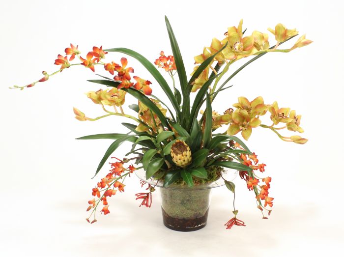 6928 Tropical Orchid Mix Glass Vase Floor Basket
