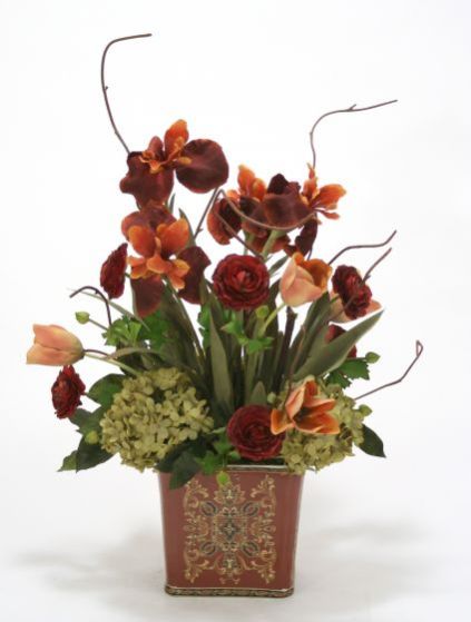7306A# - Rust Iris and Ranunculas With Green Hydrangea In Square Porce