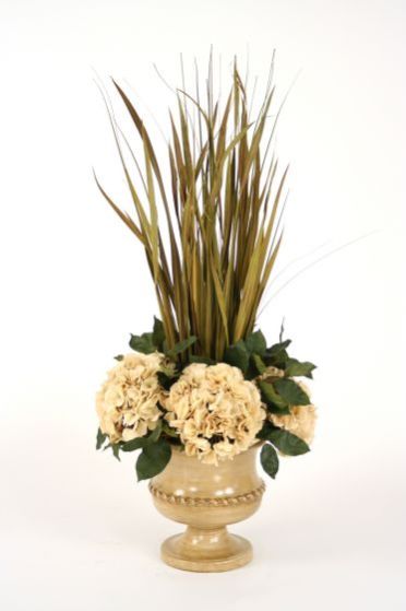 7512# - Dried Grasses Wreathed W/ Hydrangeas In Almond Classic Urn