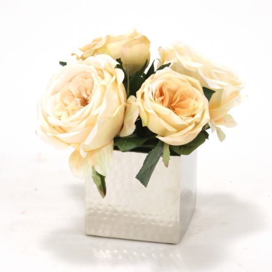 Square Nickel Planter Champagne Cabbage Roses bouquet