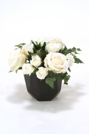 9926 White Rose Buds Black Benito Pot