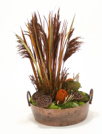 Round Copper Planter Blade Grass Protea Artificial Flower