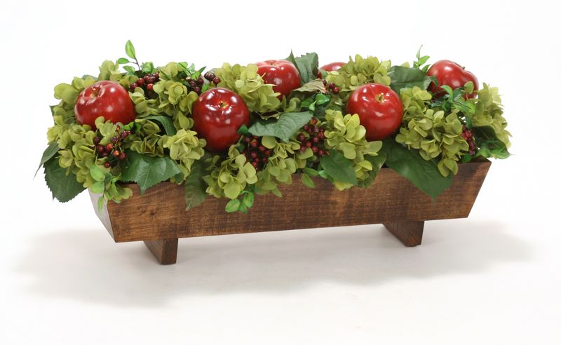 Hydrangeas Berries Apples Nestled Stained Wood Planter Floor Basket