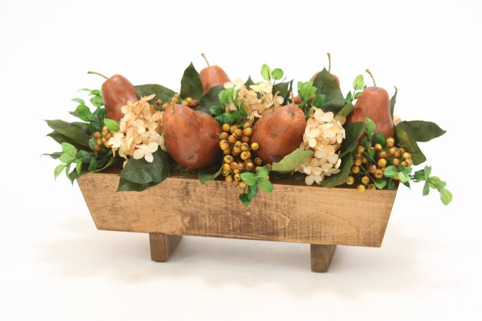 Stained Rectangular Wood Box Berries Pears Artificial Flower