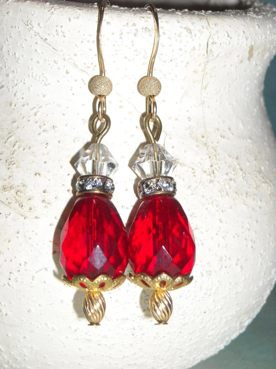 Ruby Czech Glass Teardrop Gold Filled Earrings Red White Gold Earrings