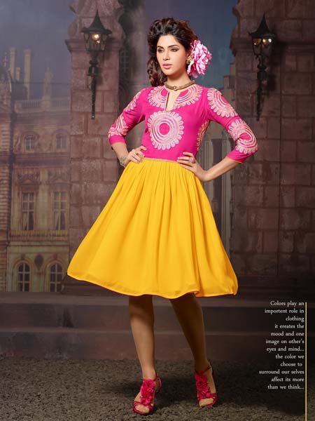 Shonaya Pink & Yellow Colour Embroidered Georgette Stitched Kurti