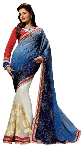 Shonaya Blue & Cream  Colour Georgette Embroidered Sarees