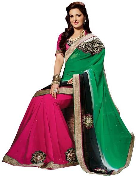 Shonaya Green & Pink Colour Georgette Embroidered Sarees