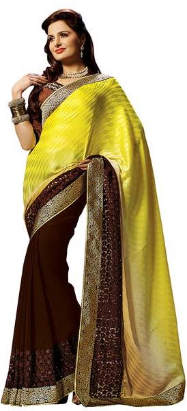 Shonaya Yellow & Mehendi Colour Georgette Embroidered Sarees
